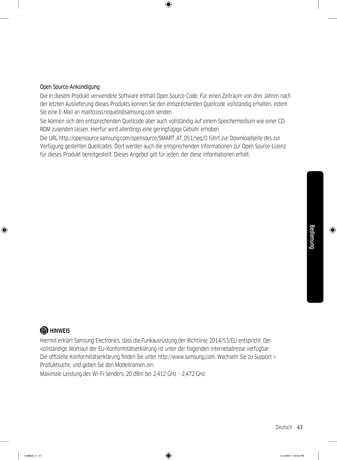 Samsung DV81N62532W/EG, DV90N8289AW/EG manual Deutsch 43  